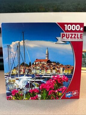 1000-Piece Coastal Harbor Puzzle Roving Croatia- Blue & Pink